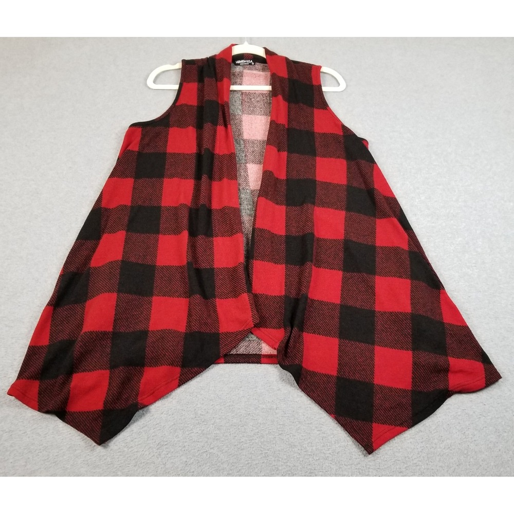 Heimish Vest Womens Small S Red Black Buffalo Plaid Open Front Pockets Fall Knit